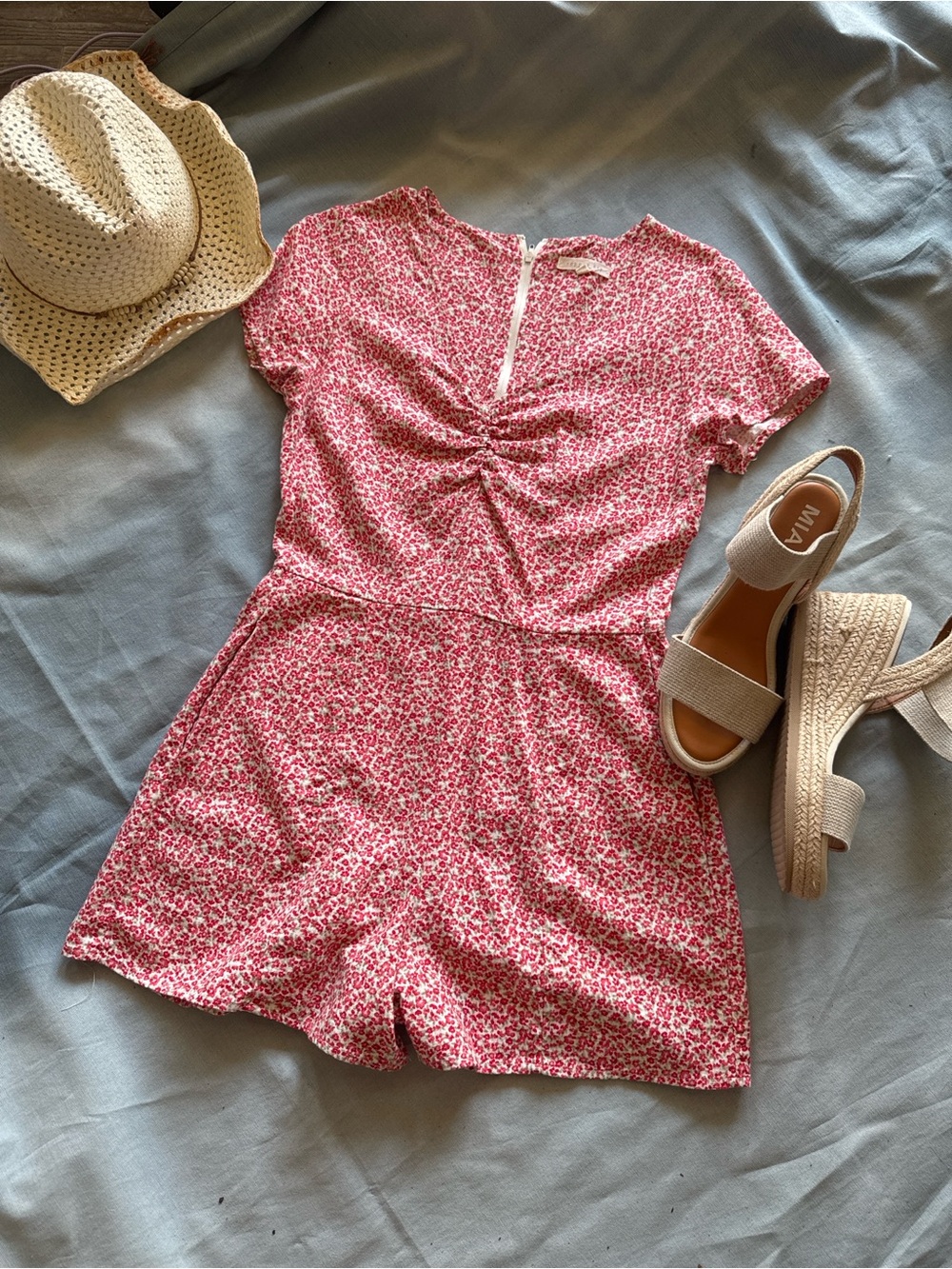 Copper Key Floral Romper Small Pink Cottagecore Cinched Front Zip back Summer